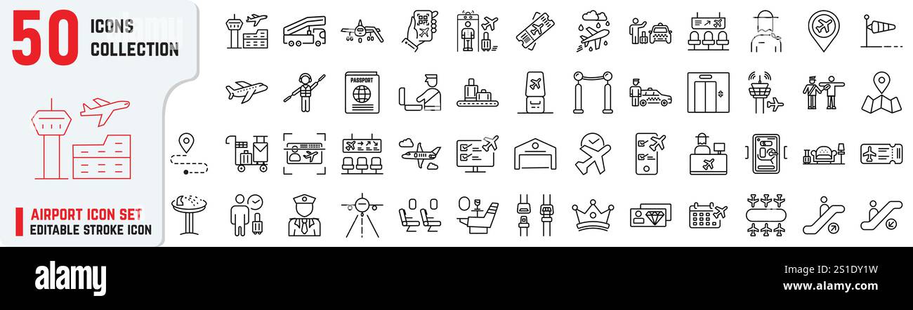 Die Icons des Flughafens umfassen Tower, Sicherheitskontrolle, Web-Check-in, Taxi, Reisepass, Lounge, Ticket-Scan, Terminal, Flugzeug, Einreise Stock Vektor Die Icons des Flughafens umfassen Tower, Sicherheitskontrolle, Web-Check-in, Taxi, Reisepass, Lounge, Ticket-Scan, Terminal, Flugzeug, Einreise Stock Vektor