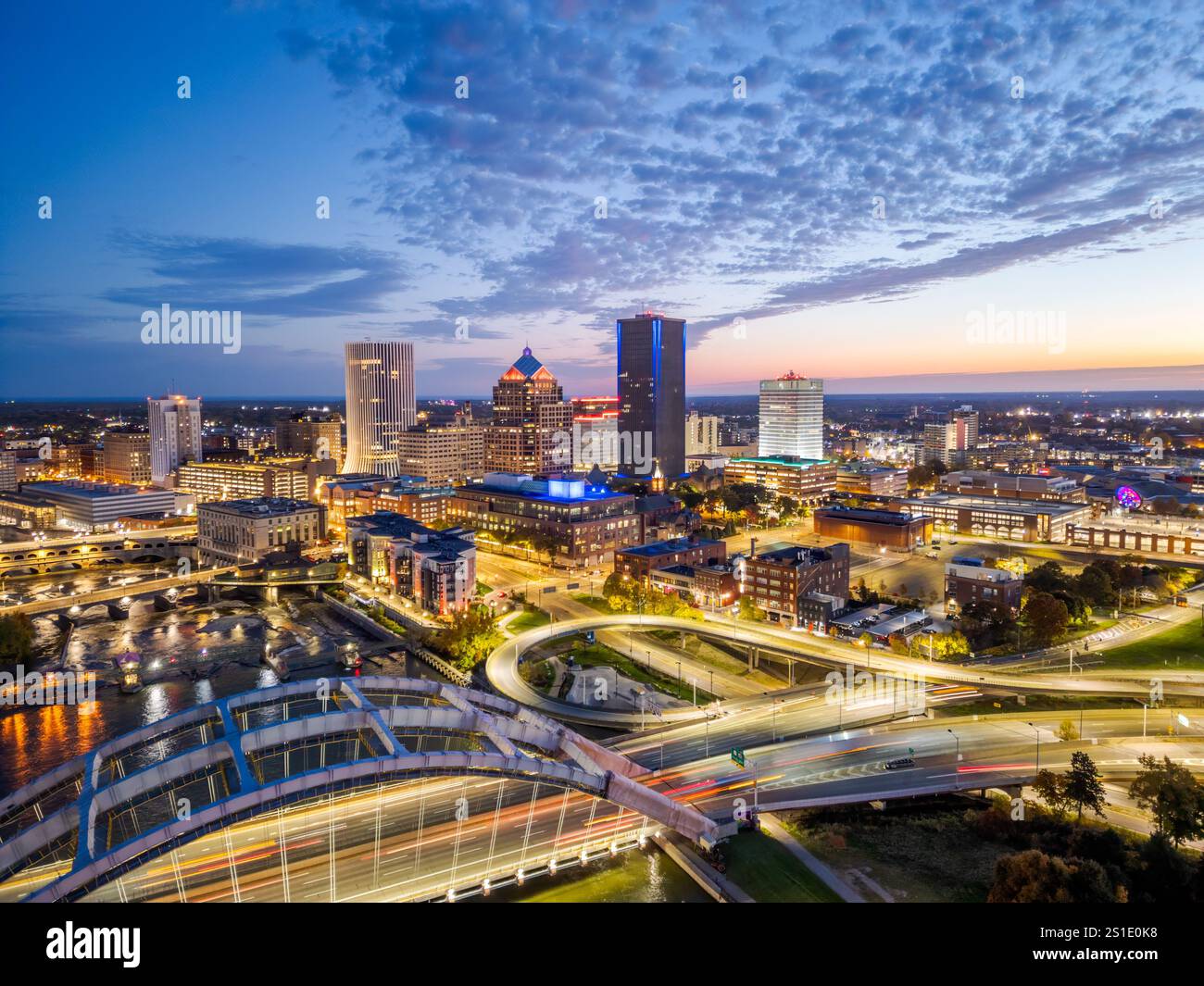 Rochester, New York, USA, Stadtbild am Genesee River. Stockfoto