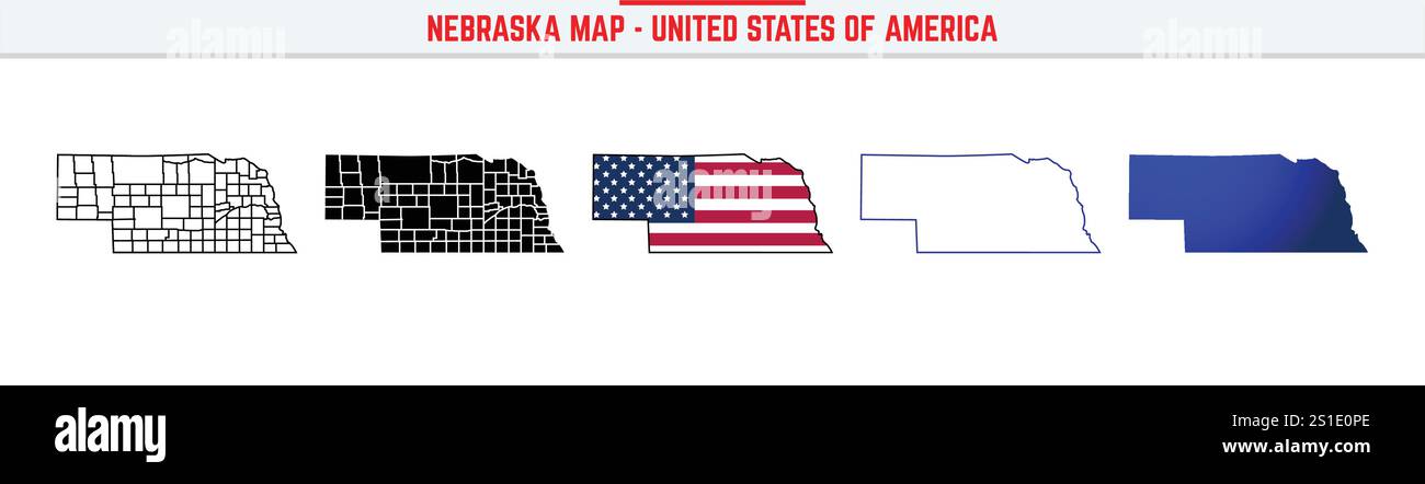 Nebraska Karte mit bearbeitbarem Kontursymbol. Nebraska USA State dünne Linie Symbol, Nebraska Karte Vektor-Illustration, Nebraska, NE Silhouette Vektor Karte Stock Vektor