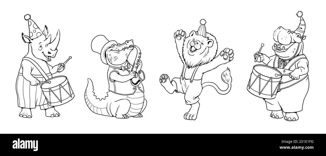 Silhouette von lustigen Tieren, die Geburtstag feiern. Vorlagen für Kindergeburtstage und zum Färben. Stockfoto