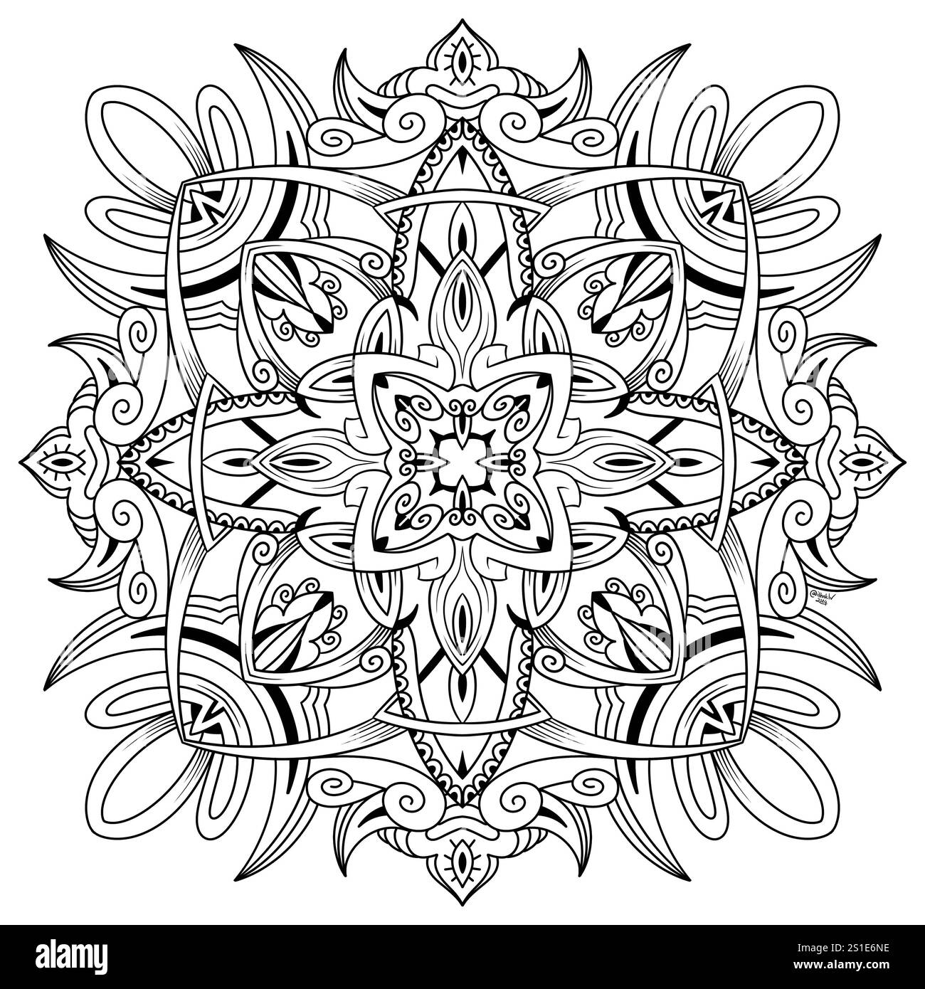 Abstrakte symmetrische Illustration. Handgezeichnetes Dekoelement. Schwarzes Mandala zum Ausmalen von Büchern, Tätowierungen, Henna und T-Shirt-Mustern Stockfoto