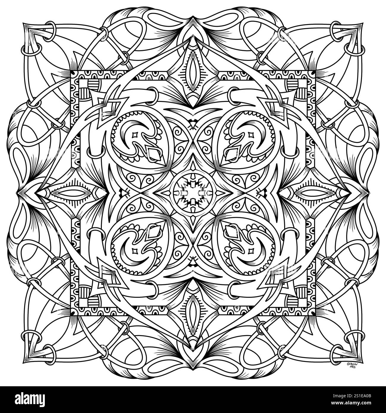 Abstrakte symmetrische Illustration. Handgezeichnetes Dekoelement. Schwarzes Mandala zum Ausmalen von Büchern, Tätowierungen, Henna und T-Shirt-Mustern Stockfoto