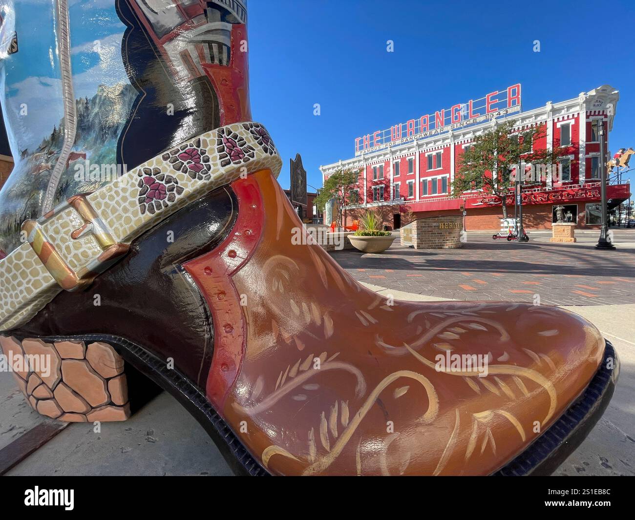 Cowboystiefel im historischen Viertel von Cheyenne, Wyoming, USA Stockfoto