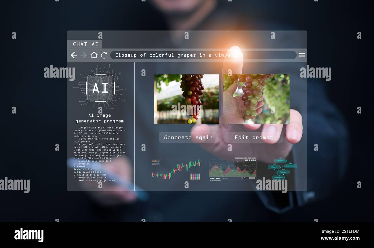 KI-Bildgenerator. Ein Mann benutzt ein Programm, einen Assistenten für künstliche Intelligenz, um Fotos von Ai-Intelligenz zu erzeugen. Stockfoto