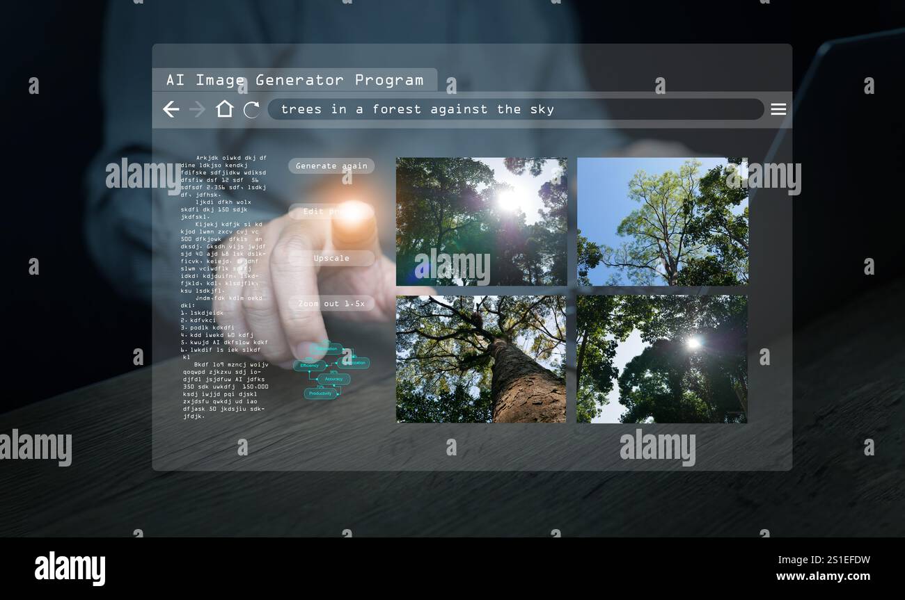 KI-Bildgenerator. Ein Mann benutzt ein Programm, einen Assistenten für künstliche Intelligenz, auf seinem Laborcomputer, um Fotos von KI-Intelligenz zu erzeugen. Stockfoto