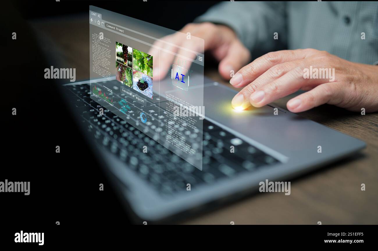KI-Bildgenerator. Ein Mann benutzt ein Programm, einen Assistenten für künstliche Intelligenz, auf seinem Laborcomputer, um Fotos von KI-Intelligenz zu erzeugen. Stockfoto