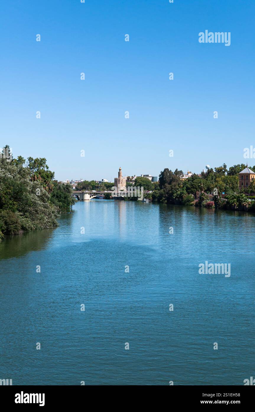 Blick auf den Fluss Guadalquivir und Torre del Oro im Hintergrund, Sevilla, Andalusien, Spanien Stockfoto