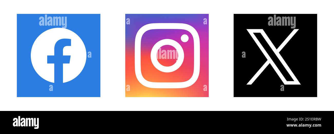 Symbolgruppe der Social-Media-App. Facebook, Instagram und X, ehemaliges Twitter. Quadratische Vektordarstellung. Stock Vektor