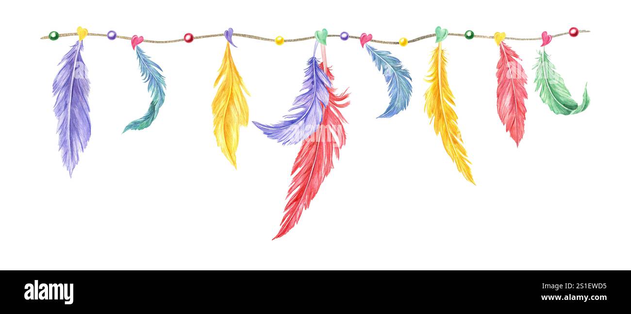Aquarellfarbenes flauschiges Federgefieder, Herzen und Perlen hängen an der Schnur-Illustration. Handgezeichnete Mardi Gras Karnevalskranz Stockfoto