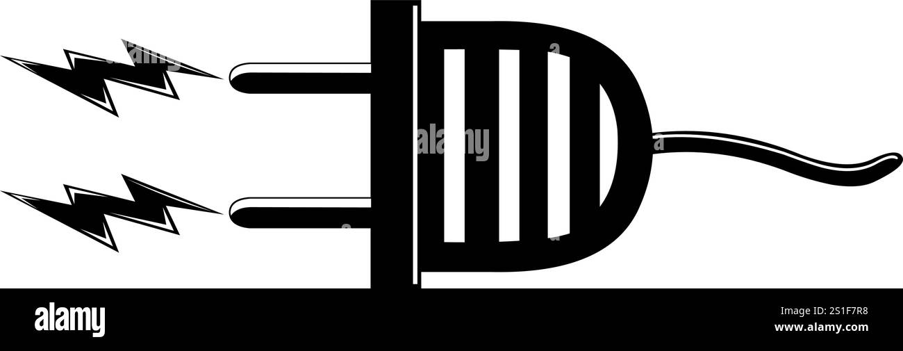 Vektorillustration Schwarzweiß-Symbol-Wandstecker mit elektrischen Strahlen, im Konzept der elektrischen Energie Stock Vektor