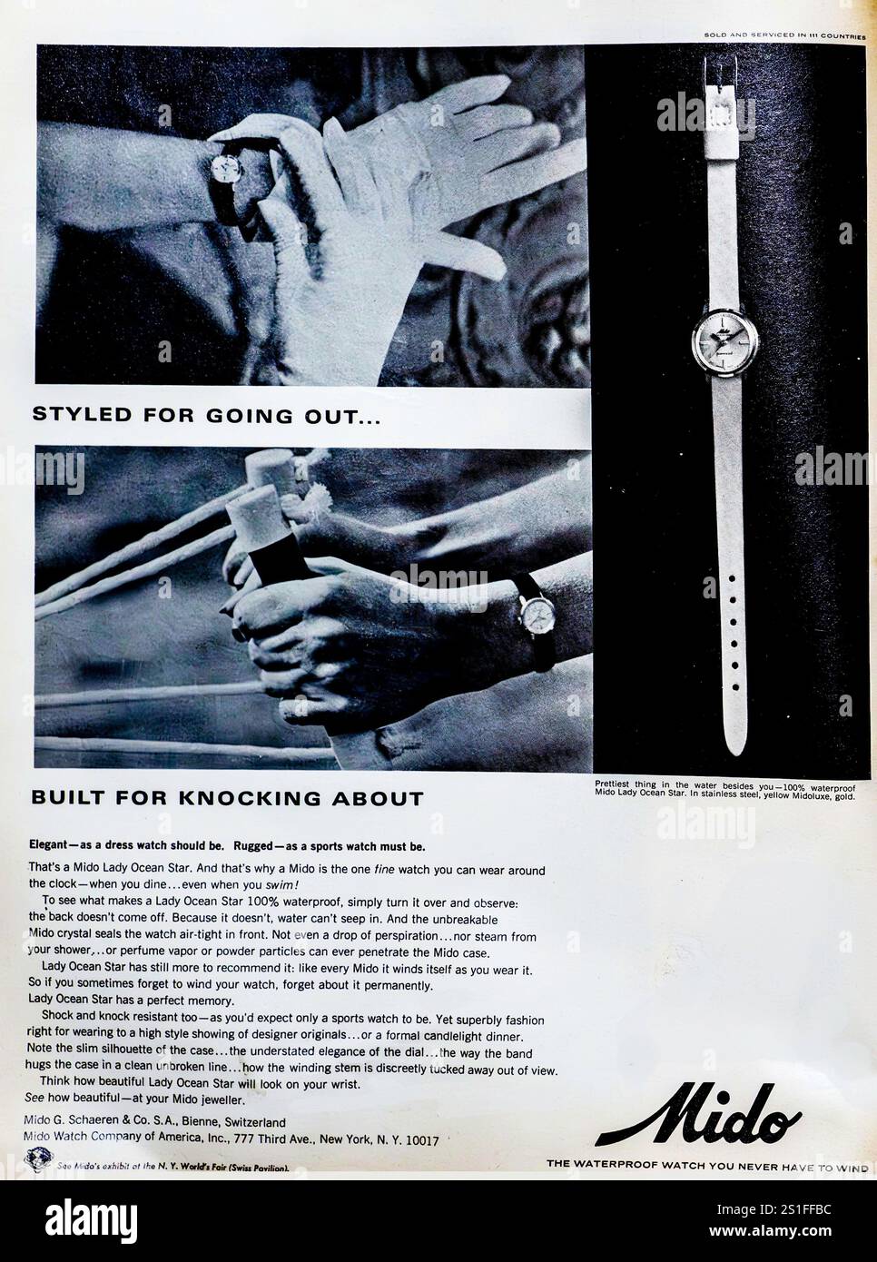 Eine Vintage-Werbeanzeige für die Mido Lady Ocean Star Sportuhr aus dem Jahr 1965. „Elegant wie eine Kleideruhr sein sollte, robust wie eine Sportuhr sein muss“. Stockfoto