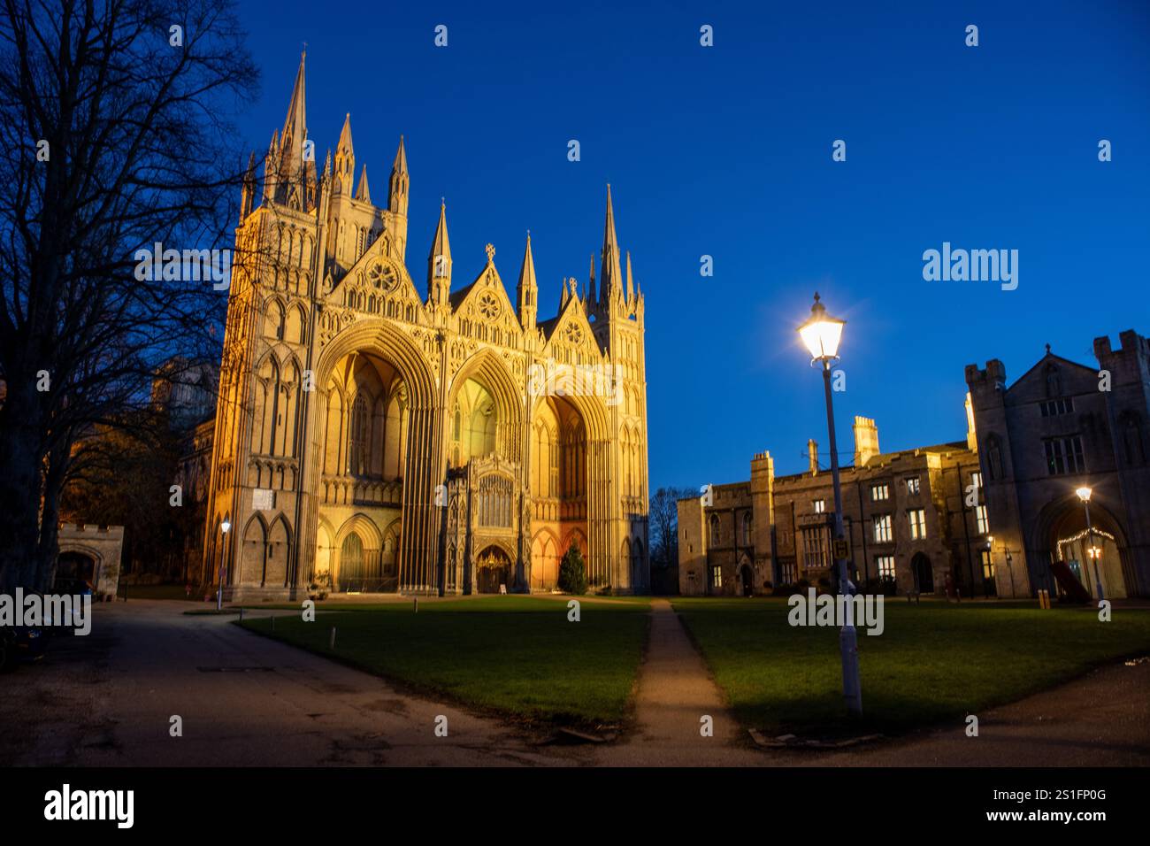 Peterborough Cathedral während der Blue Hour, Großbritannien Stockfoto