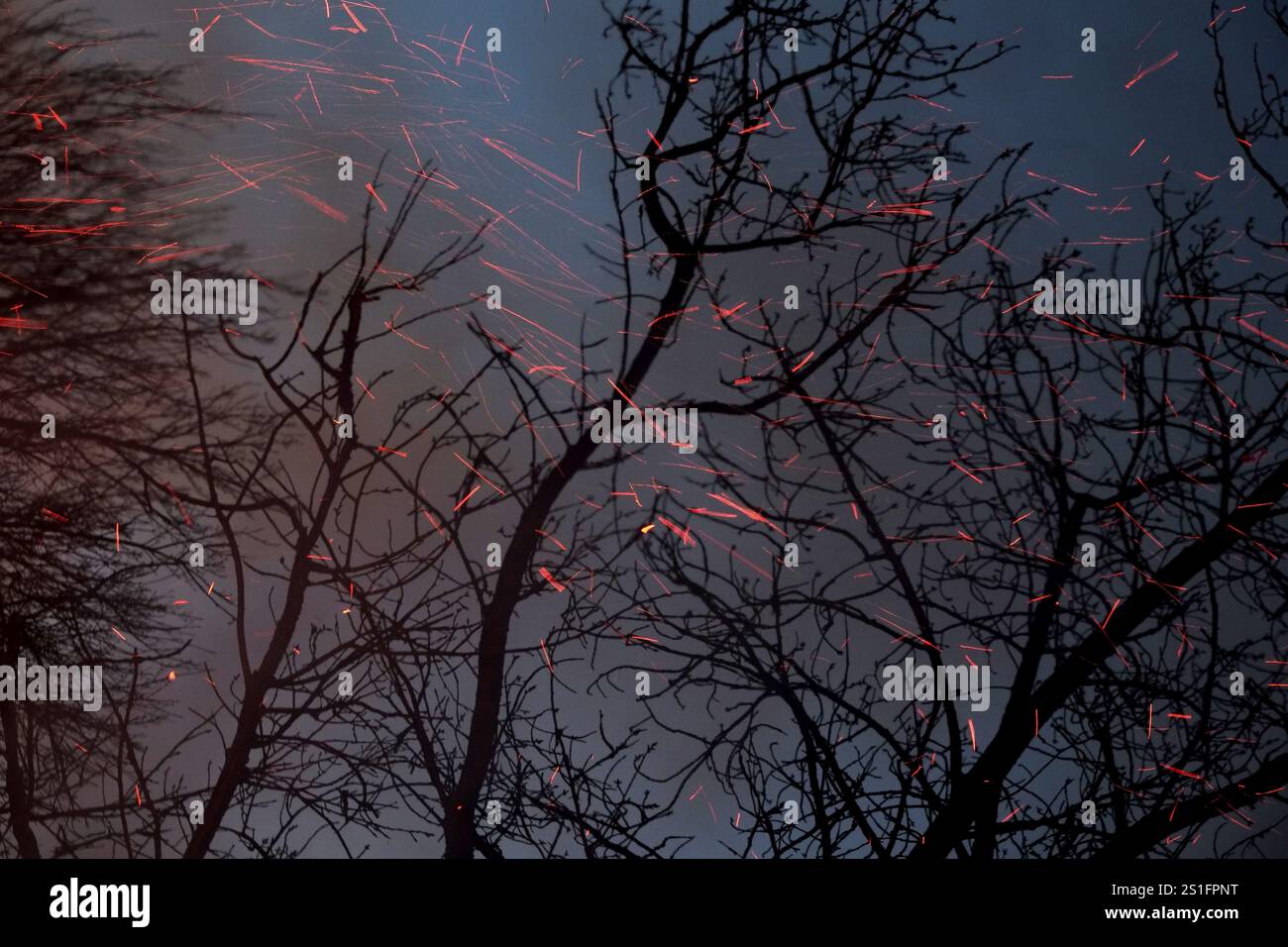 Waldbrand mit starken Funken und Rauchentwicklung in der Abenddämmerung. Querformat. Waldfeuer mit fliegenden Funken und Rauchentwicklung in der Dämmerung. Ho Stockfoto