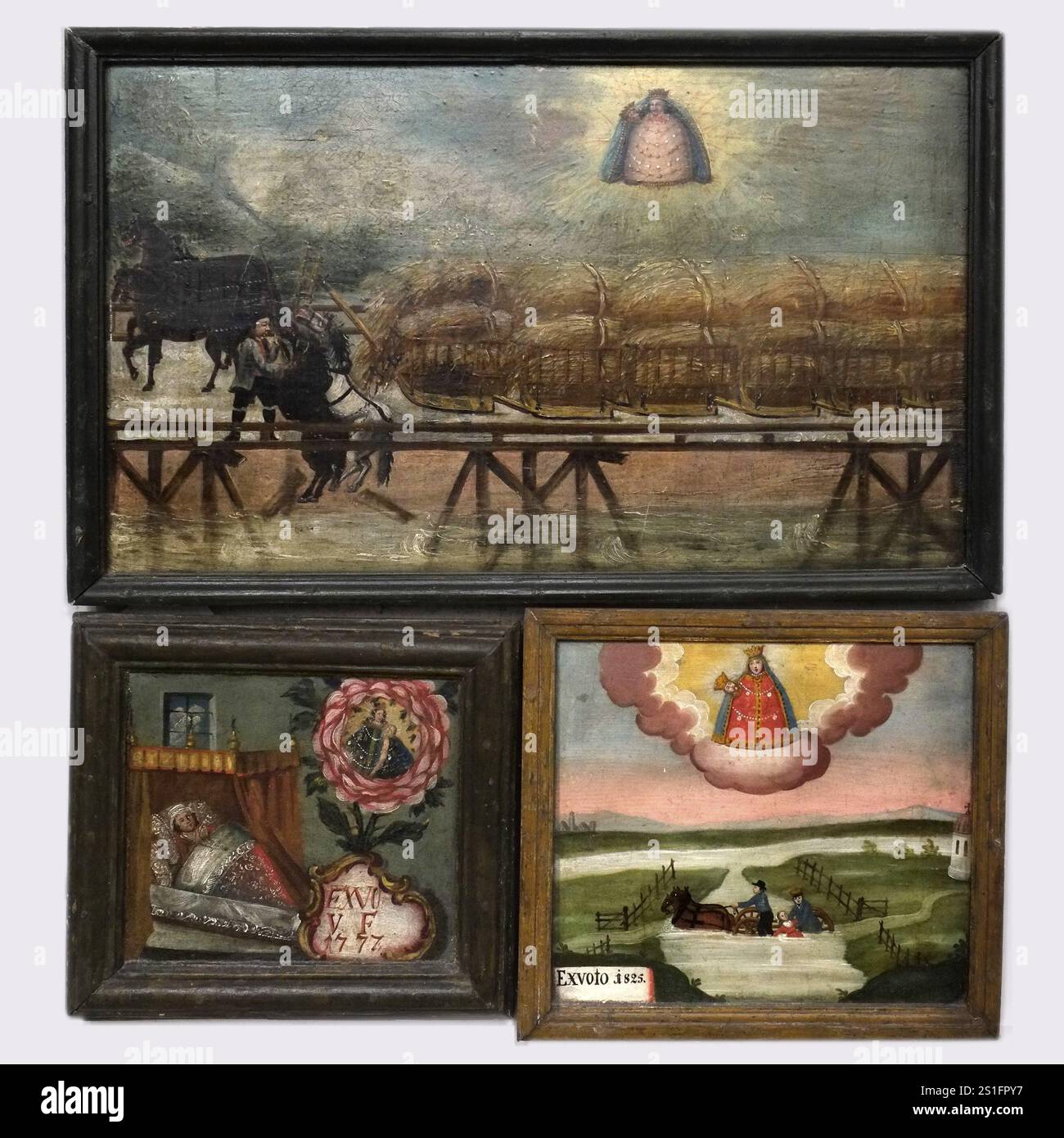 Drei Votivtafeln, die verschiedene Unfälle und die Rettung von schweren Krankheiten darstellen. Querformat. Drei Votivtafeln, die verschiedene Unfälle darstellen Stockfoto