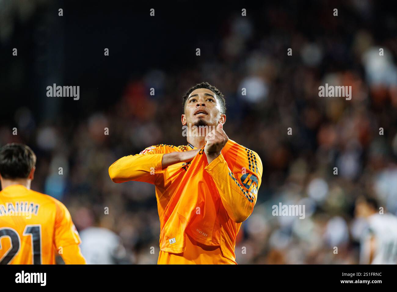 Valencia, Spanien. Januar 2025. Jude Bellingham (Real Madrid) feierte, nachdem er beim SPORTSPIEL LaLiga EA zwischen den Teams Valencia CF und Real Madrid FC ein Tor geschossen hatte. Maciej Rogowski/Alamy Live News Stockfoto