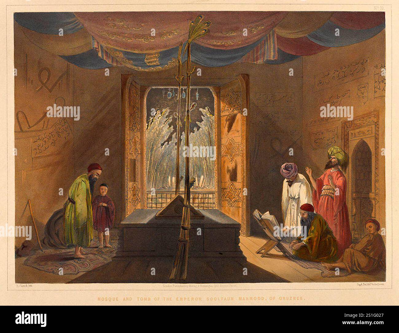 'Moschee und Grab des Kaisers Sooltaun Mahmood, von Ghuznee', 1839 die britische Invasion von Aghanistan, um Shudscha als Marionettenführer zu installieren, war eine der schlimmsten militärischen Katastrophen in der Geschichte. Nachdem Shah Shujah in Kabul eingesetzt wurde, zog sich die Armee nach Indien zurück. Die 20.000 starke Kolonne wurde mit Ausnahme eines Briten und 5-6 Indianern ausgelöscht. Stockfoto