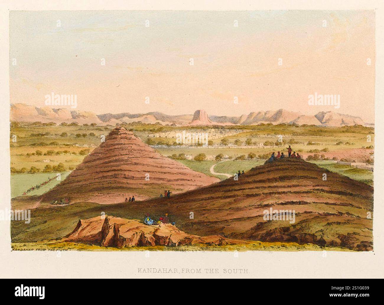 Ein Blick auf Kandahar, gemalt von einem Soldaten der Invasion der britischen Armee. Die britische Invasion von Aghanistan, um einen Marionettenführer zu installieren, war eine der schlimmsten militärischen Katastrophen in der Geschichte. Nachdem Shah Shujah in Kabul eingesetzt wurde, zog sich die Armee nach Indien zurück. Die 20.000 starke Kolonne wurde mit Ausnahme eines Briten und 5-6 Indianern ausgelöscht. Stockfoto