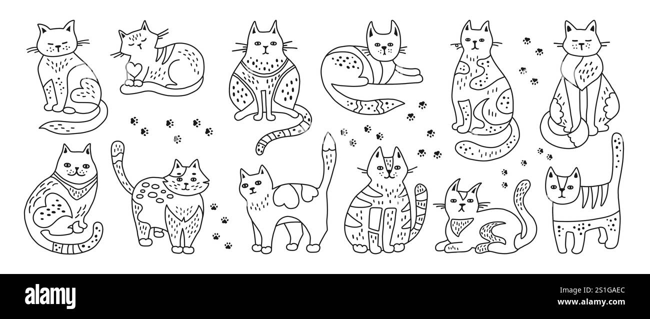 Katzen handgezeichnetes Kritzelset. Süßes Kätzchen mit umrissenem Ornament. Haustier mit Muster, lineares lustiges Tierdesign für Kinder. Katzen in verschiedenen Posen. Säugetierzeichnung Zeichenvektor Illustration Stock Vektor