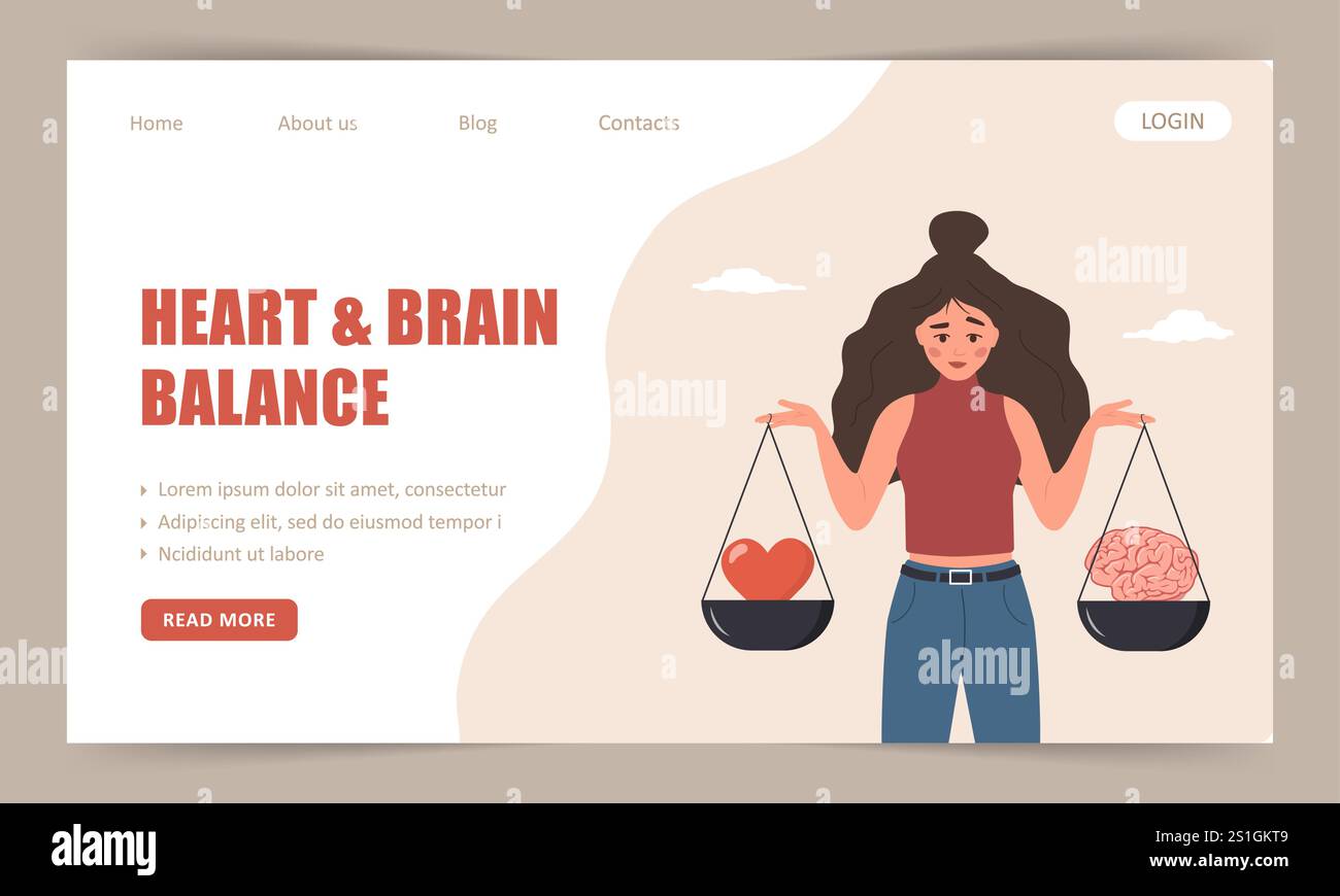 Herz-Hirn-Balance. Vorlage für Landing-Page. Frau, die Waage hält, Gehirn und Herz in der Hand. Kontrollgefühl und Emotionskonzept. Vektor Stock Vektor