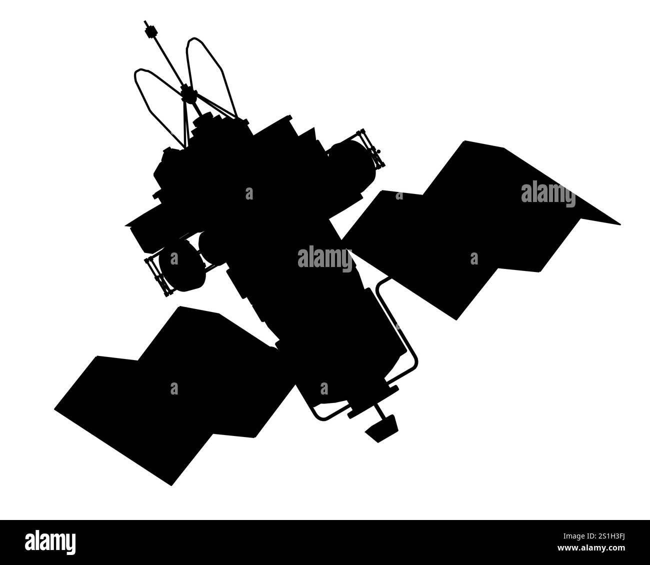 Schwarzer Satellit fliegt am Himmel. Der Satellit ist groß und hat eine lange Antenne. Das Bild ist in Schwarz-weiß gehalten und hat eine stimmungsvolle, geheimnisvolle Atmosphäre Stock Vektor