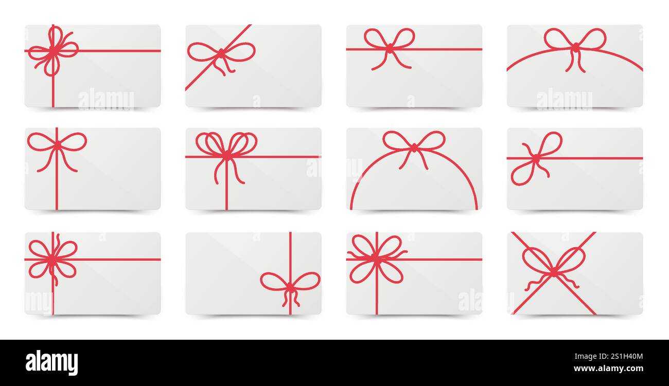 Leere weiße Geschenkkarten mit Schleife für den Verkaufstag, Gruß, Bonuskarte, Zertifikat, Draufsicht. Verkaufsmarketing-Werbekonzept. Visitenkarten Mockup wi Stock Vektor
