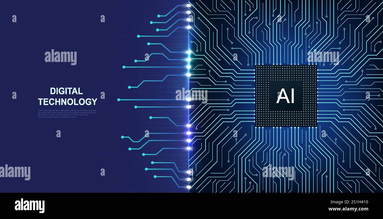 Künstlicher Intelligenzchip mit leuchtenden Linien. Innovatives Konzept für maschinelles Lernen. Technologiehintergrund mit Leiterplatte und zentralem Profi Stock Vektor