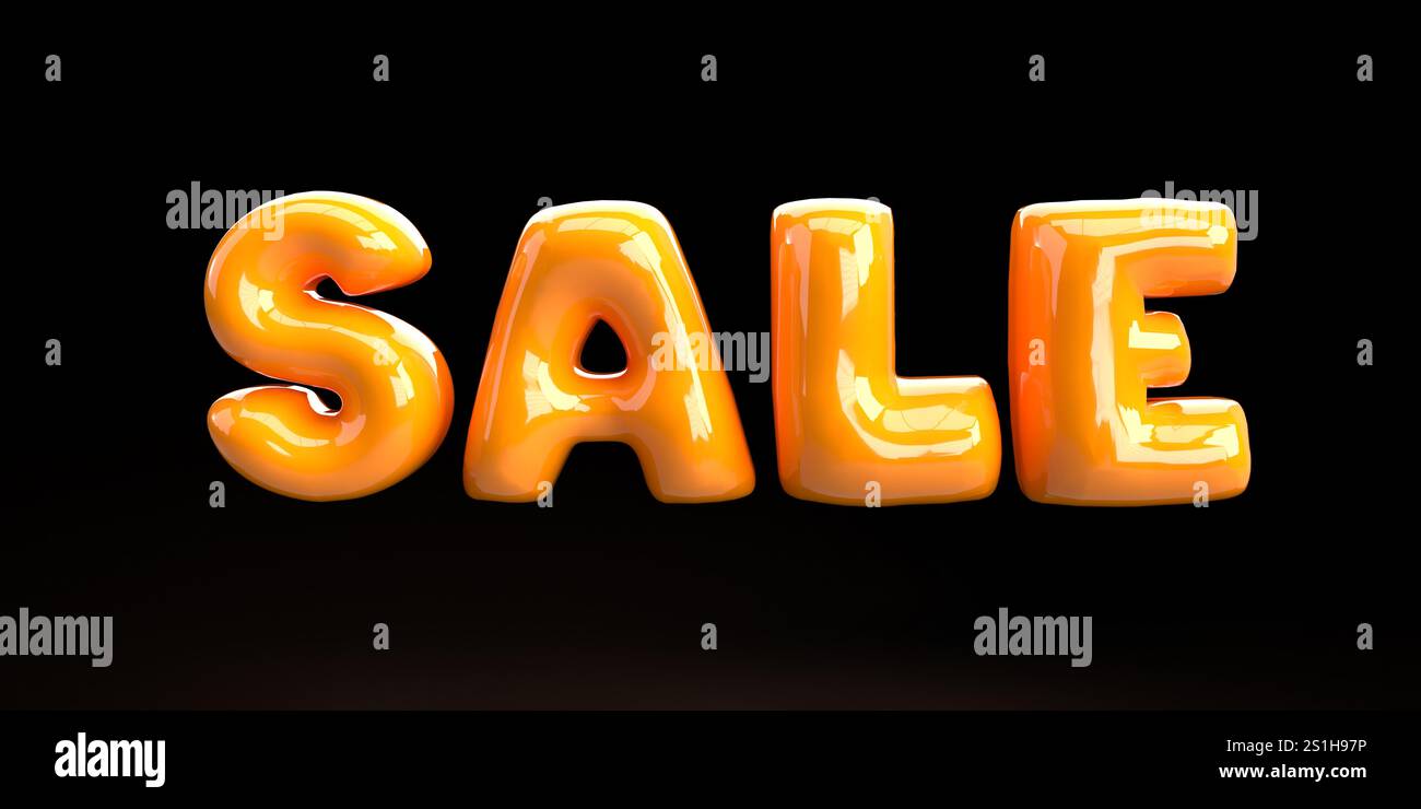 Glänzende orange aufgeblähte Buchstaben mit der Rechtschreibung „Sale“ auf schwarzem Hintergrund, perfekt für Werbeaktionen und Werbekampagnen im Einzelhandel Stockfoto