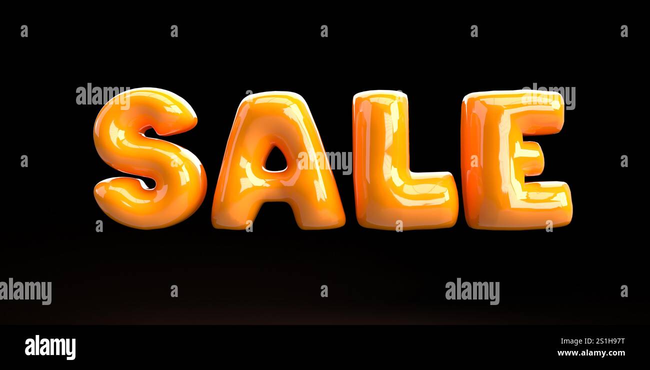 Glänzende orange aufgeblähte Buchstaben mit der Rechtschreibung „Sale“ auf schwarzem Hintergrund, perfekt für Werbeaktionen und Werbekampagnen im Einzelhandel Stockfoto