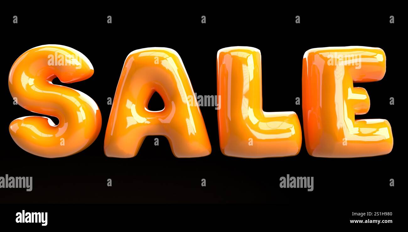 Glänzende orange aufgeblähte Buchstaben mit der Rechtschreibung „Sale“ auf schwarzem Hintergrund, perfekt für Werbeaktionen und Werbekampagnen im Einzelhandel Stockfoto