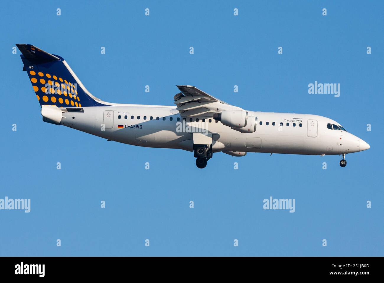Deutsche Eurowings British Aerospace BAE 146-300 mit Registrierung D-AEWQ im Finale für den Frankfurter Flughafen Stockfoto