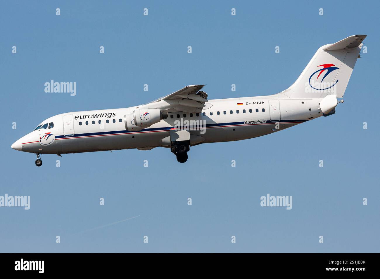 Deutsche Eurowings British Aerospace BAE 146-300 mit Registrierung D-AQUA im Finale für den Frankfurter Flughafen Stockfoto