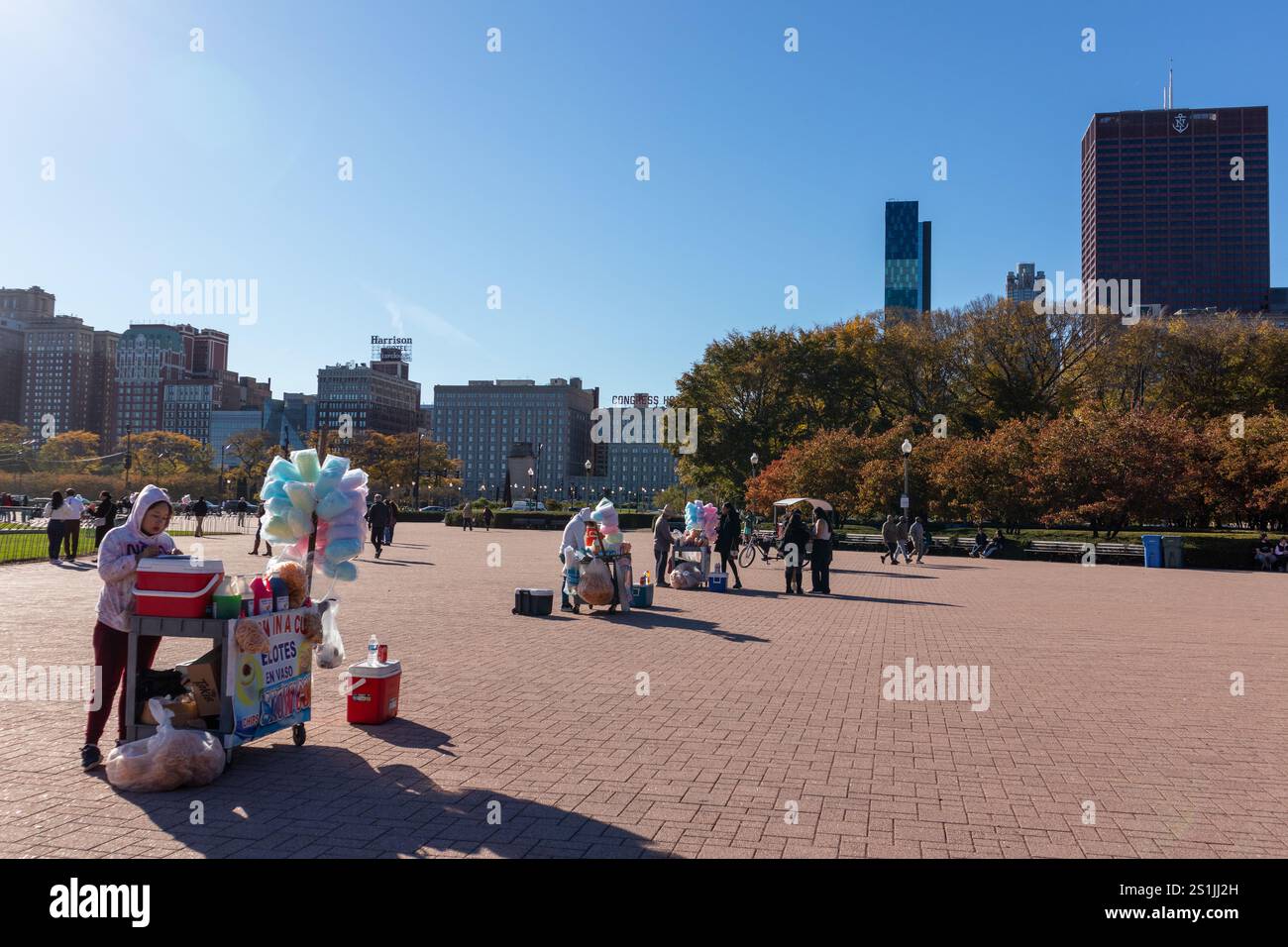 Straßenhändler, die Artikel von Buckingham Fountain in Chicago, Illinois, USA verkaufen Stockfoto