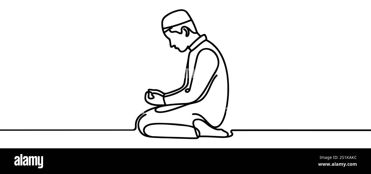 Durchgehende Linie, die einen muslimischen Mann zieht, der zu Gott betet. Hajj und umrah Konzept. Grafische Vektorgrafik-Illustration für eine einzelne Linie Stock Vektor