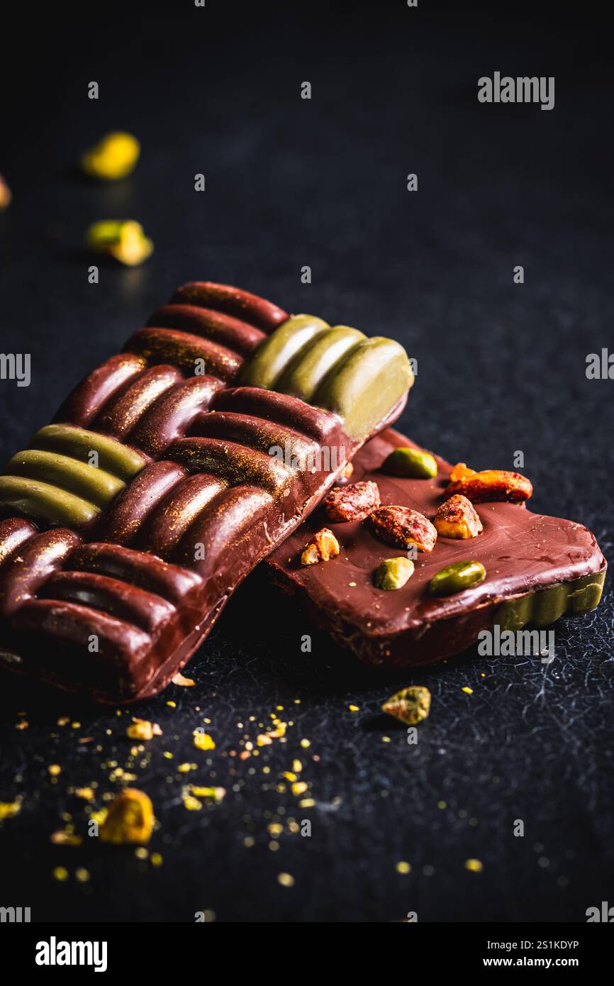 Dubai Schokolade mit Pistaziencreme, Kadayif und Pistazien auf dunklem Hintergrund Stockfoto