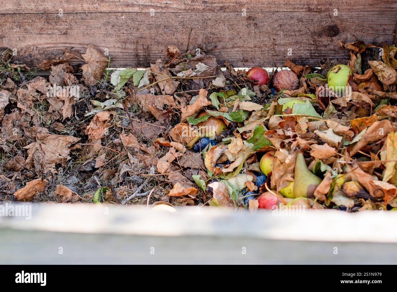 Hausgemachter Holzkompostbehälter im Garten. Recycling von biologisch abbaubaren Materialien und Hausmüll in Komposter. Bester organischer Dünger. Stockfoto