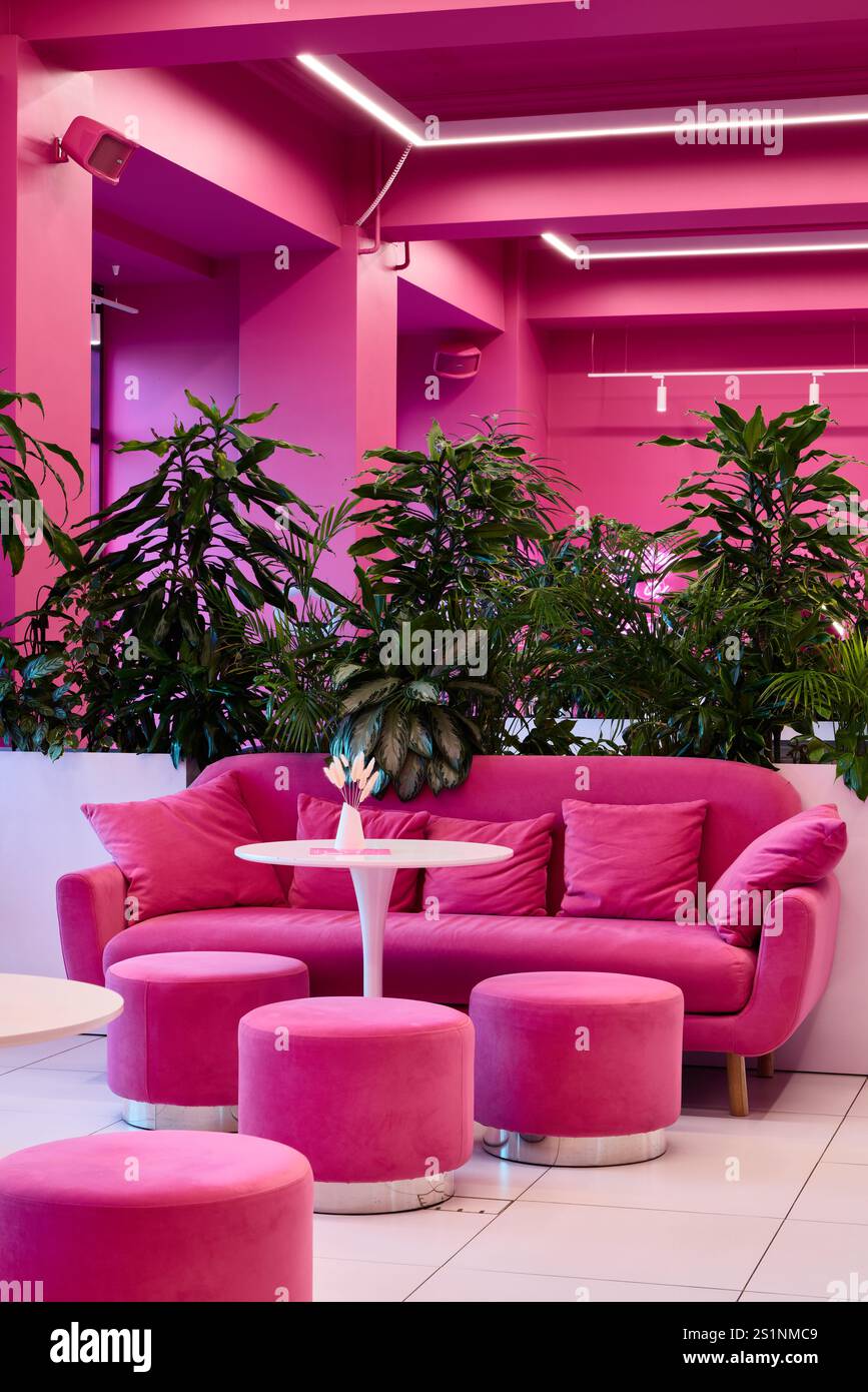 Erleben Sie die Pink Lounge mit modernem Dekor und üppigem Grün für ein herrliches Ambiente Stockfoto