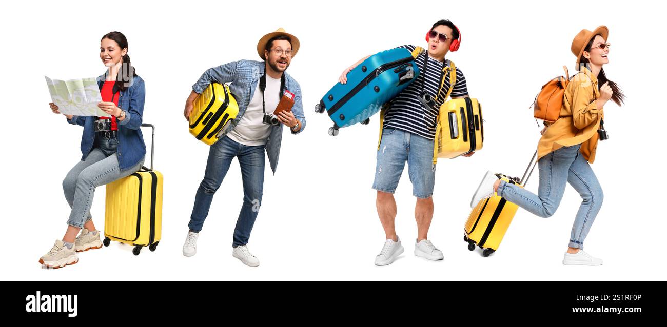 Glückliche Touristen mit Reiseartikeln auf weißem Hintergrund, Collage Stockfoto