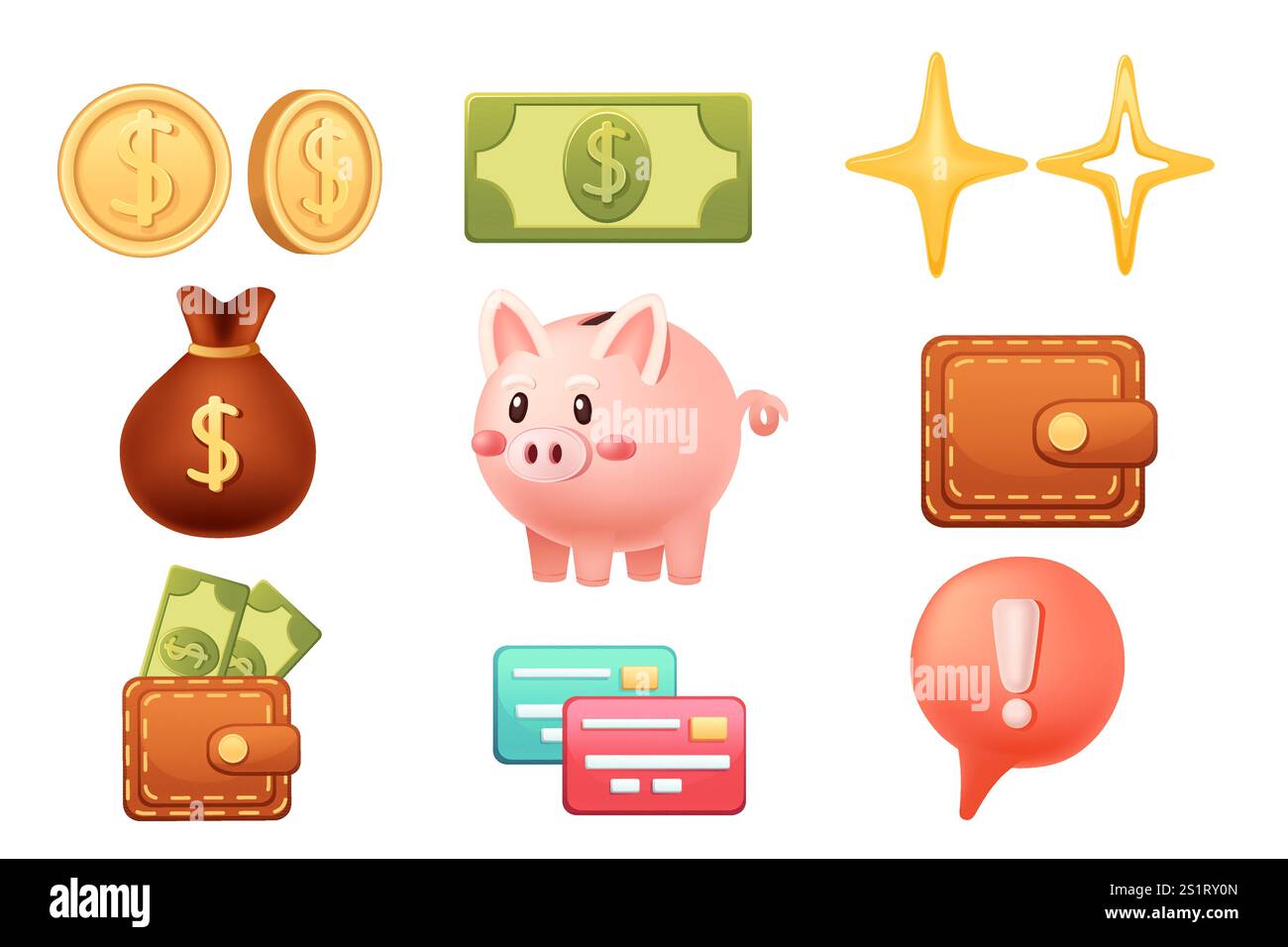 Legen Sie Symbole für 3D-Finanzsymbole fest. Geldbörse, Kreditkarte, Sparkasse, Münzen und Dollar. Zahlungselement-Erfassung. Vektorillustration isoliert auf weißem Ba Stock Vektor