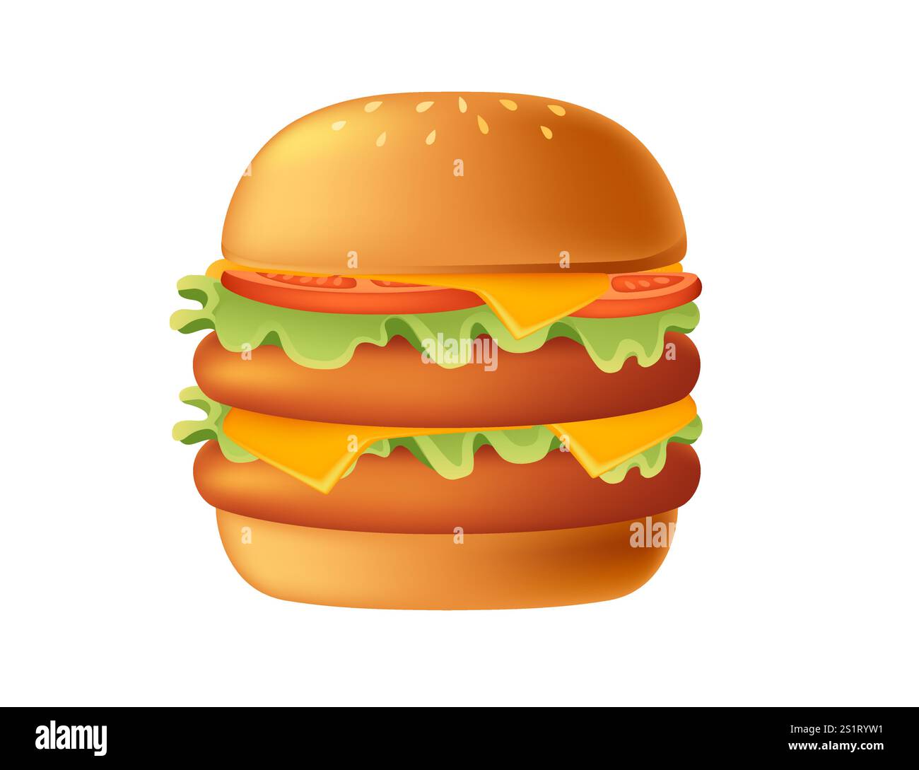 Cartoon-Burger im 3D-Stil mit zwei Patties, Tomaten, Käse und Salat. Süßes, leckeres Brötchen. Fastfood-Abendessen. Vektorillustration isoliert auf weißem Backgr Stock Vektor