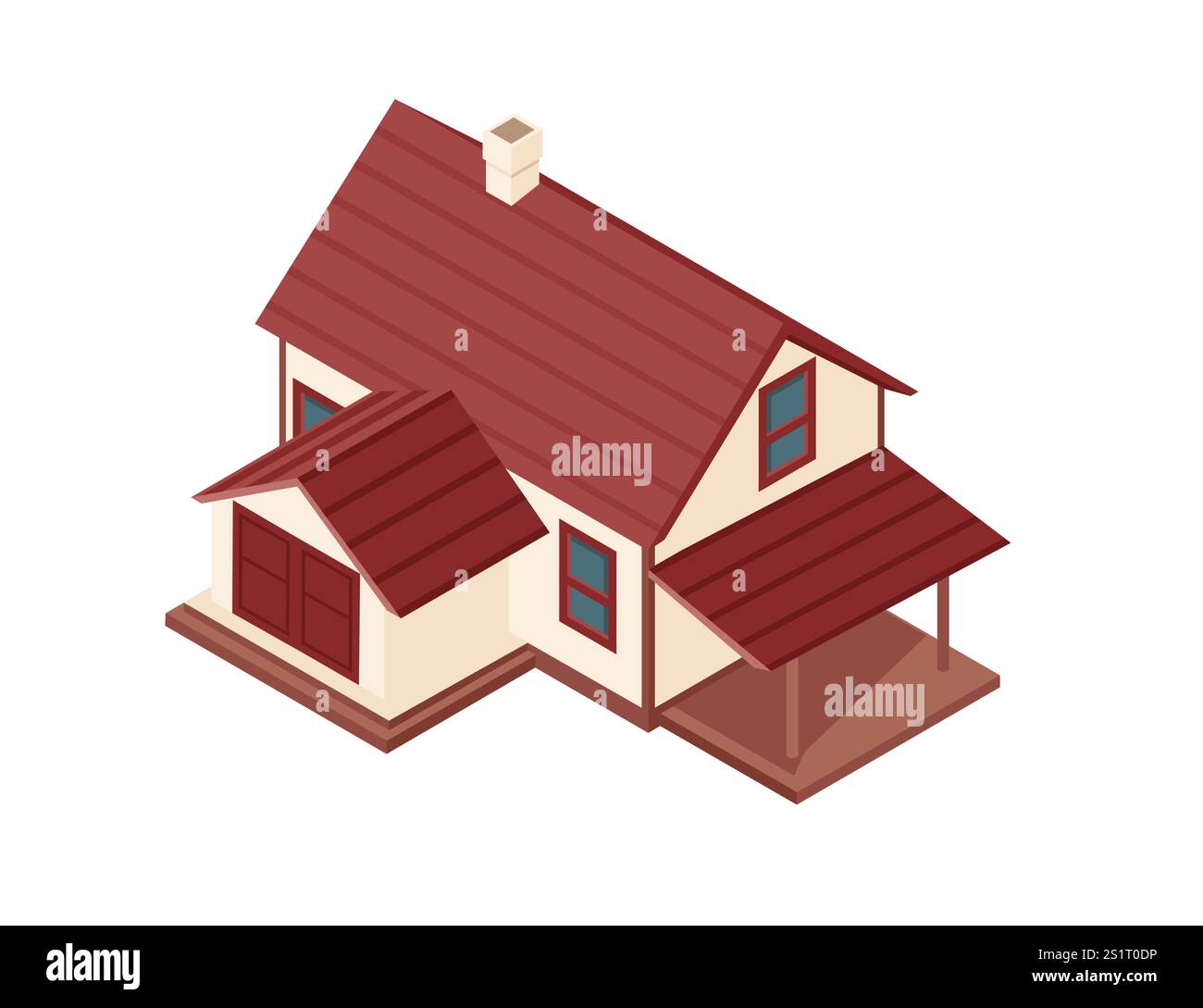 Isometrisches Vorstadthaus mit rotem Giebeldach, Kamin und zwei Veranden. Perfekt für Wohnkonzepte und Immobilienanzeigen. Isolat der Vektorabbildung Stock Vektor