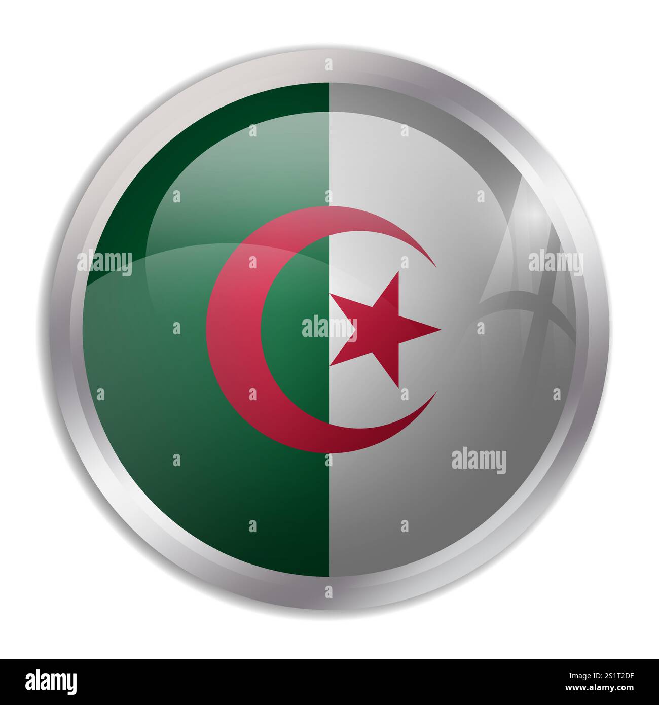 Algerien-Flagge – auf dem glänzenden Kreisknopf wird eine farbenfrohe Flagge angezeigt, die eine kulturelle Identität und ein kulturelles Erbe des Landes darstellt. Das Wesen des nationalen Stolzes und der Einheit. Stock Vektor