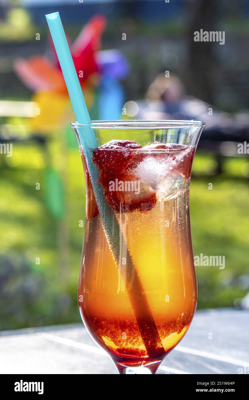 Sommer-Erdbeercocktail in einem Glas mit blauem Stroh und Sonnenschein im Garten. Erdbeercocktail mit Sommerstimmung und Sonnenschein im Garten Stockfoto