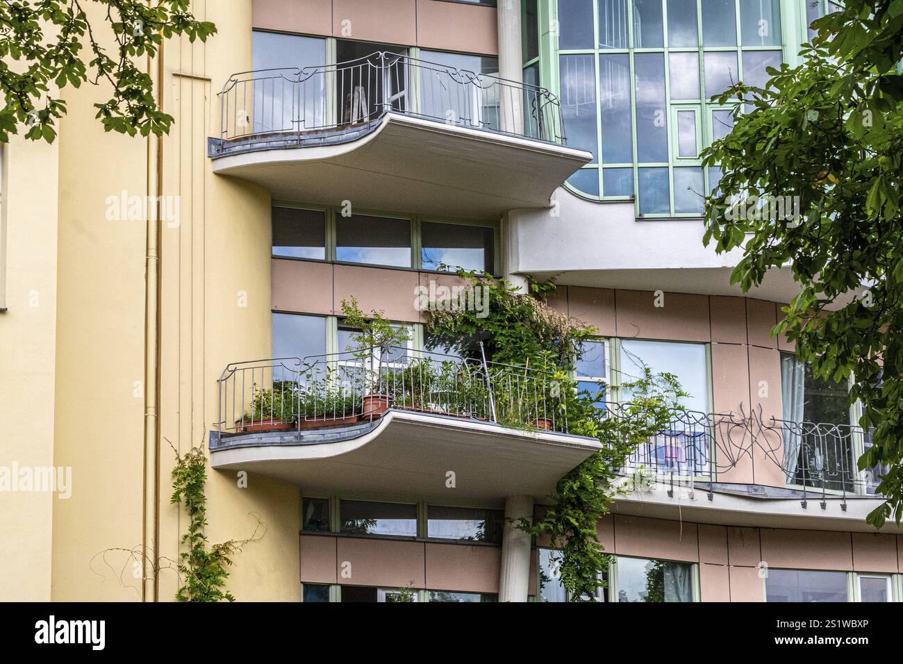 Balkone in Berlin mit Pflanzen und Blumen im Sommer. Schöner Balkon in Berlin mit Pflanzen und Blumen Stockfoto