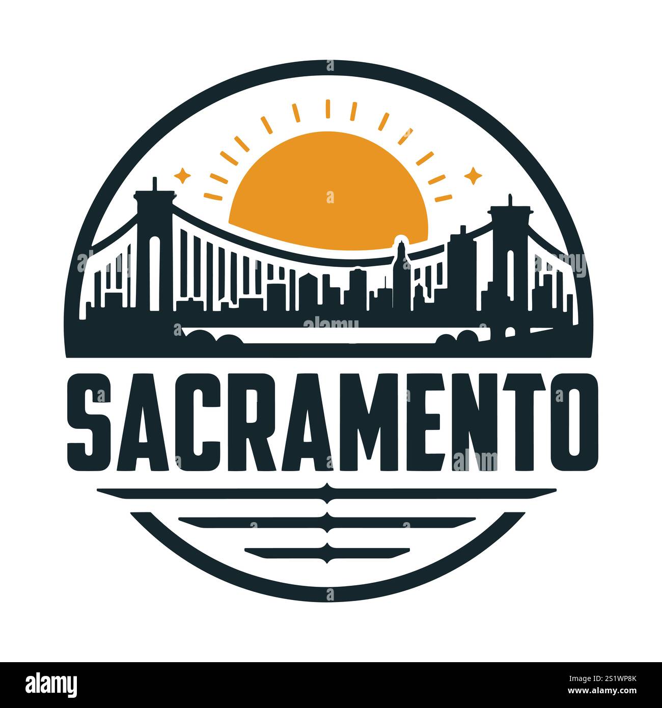 Kreisförmiges Emblem mit Tower Bridge und Skyline von Sacramento Stock Vektor