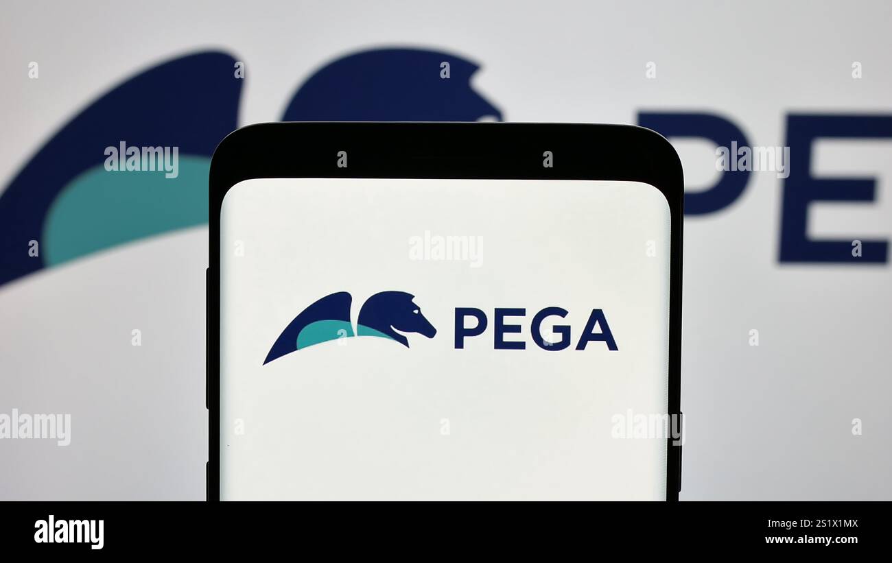 Deutschland. Dezember 2024. In dieser Abbildung ist ein Mobiltelefon mit dem Logo des US-Softwareunternehmens Pegasystems Inc. (Pega) auf dem Bildschirm zu sehen. (Foto von Timon Schneider/SOPA Images/SIPA USA) *** ausschließlich für redaktionelle Nachrichten *** Credit: SIPA USA/Alamy Live News Stockfoto