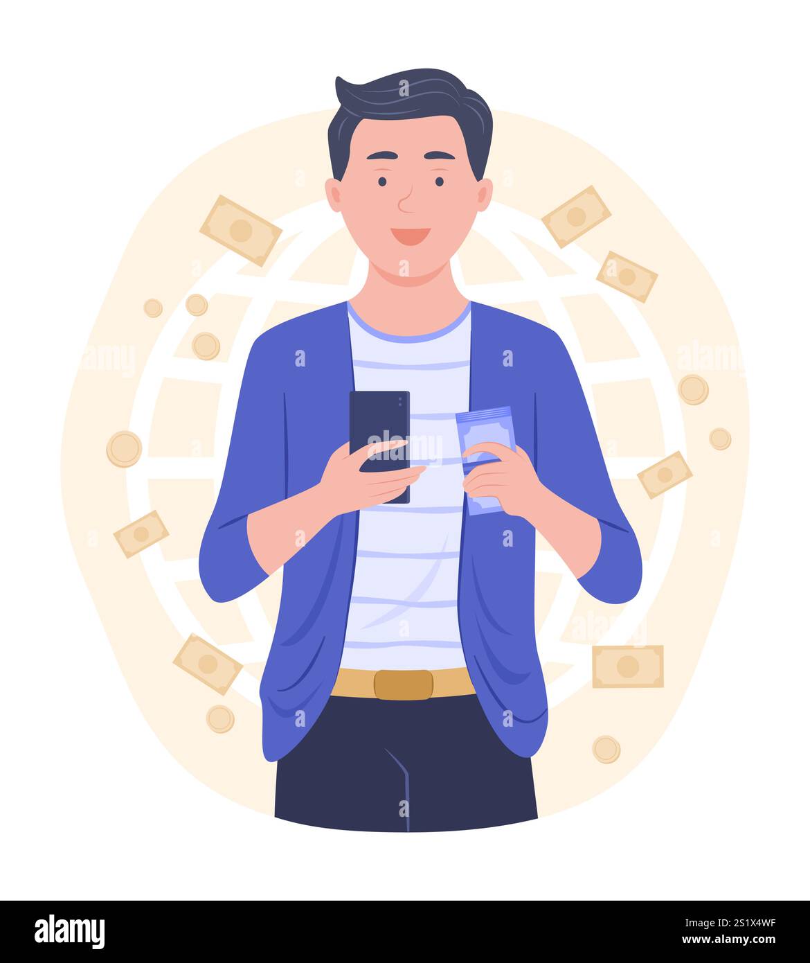 Geschäftsmann, der Bargeld von Online-Geldtransfer per Smartphone für Fintech erhält, Konzeptillustration Stock Vektor