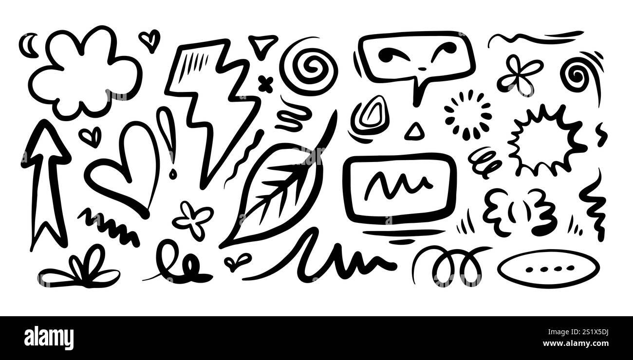 Blätter, Herzen, abstrakte, Bänder, Pfeile und andere Elemente in handgezeichneten Stilen für Konzeptdesigns. Illustration mit Kritzeleien. Vektorvorlage für Decora Stock Vektor