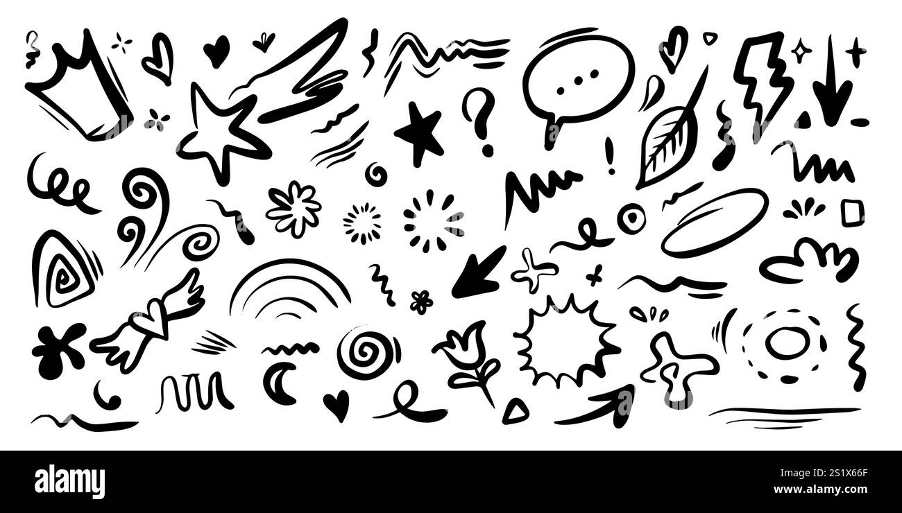 Handgezeichnete Set-Elemente, schwarz auf weißem Hintergrund. Pfeil, Herz, Liebe, Stern, Blatt, Sonne, Licht, Blume, Krone, König, Königin, Swishes, Swoops, Betonung, Stock Vektor