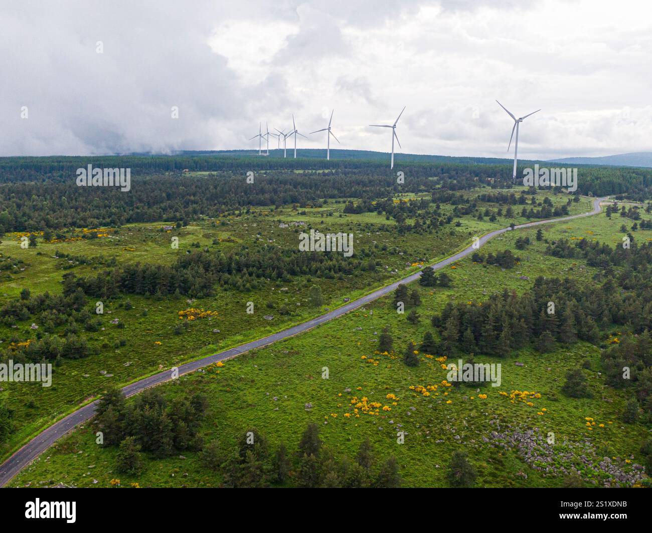 Luftaufnahme einer grünen Landschaft mit einer Straße, die zu Windturbinen führt, die durch die agropastorale Landschaft der Cevennen Strom erzeugen; Stockfoto