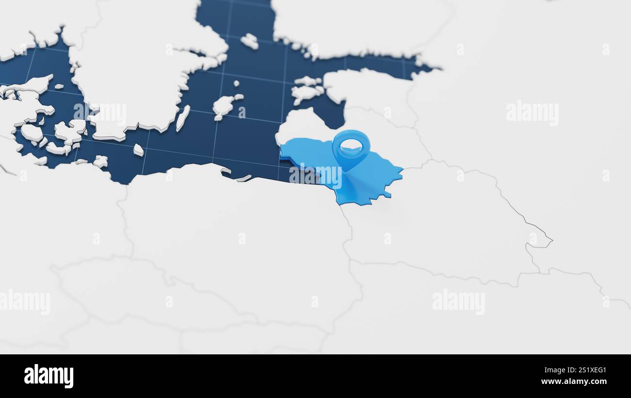 Blaue litauische 3D-Karte mit Zeigernadel, umgeben von anderen Ländern in weiß. Politische Landkarte Europas mit Grenzen. 3D-Rendering-Abbildung Stockfoto
